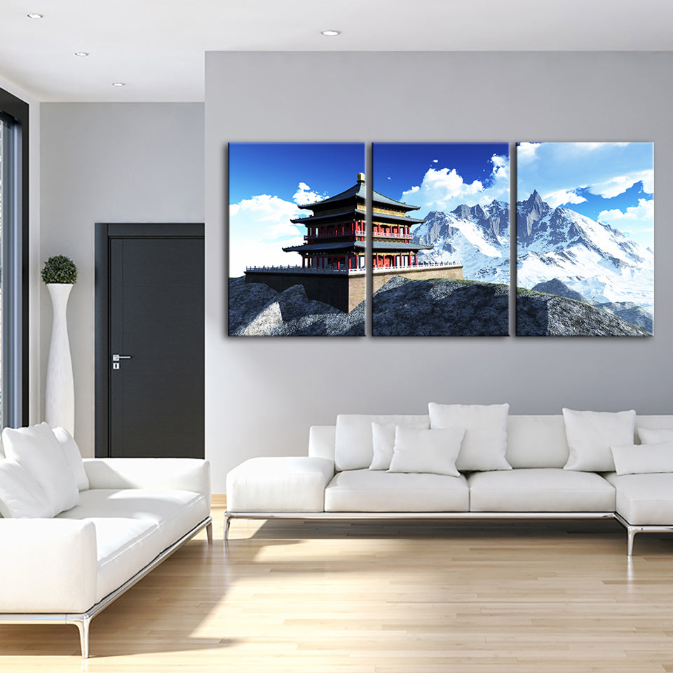 Temple In The Mountains 3 Piece - Canvas Wall Art Painting