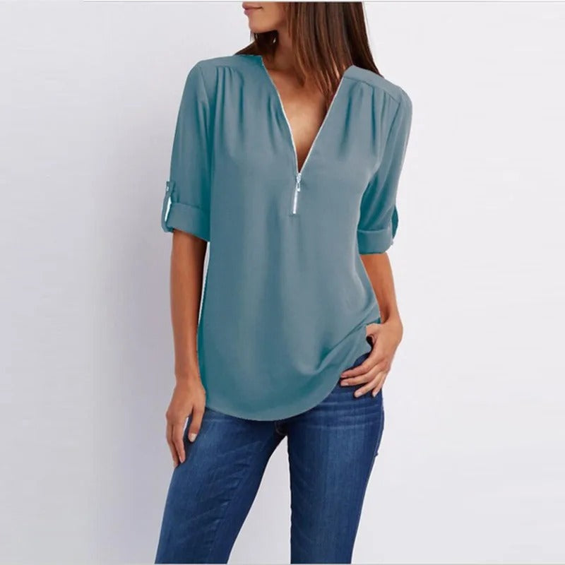 Sylis - Stylish Plus Size Loose V-Neck Chiffon Blouse