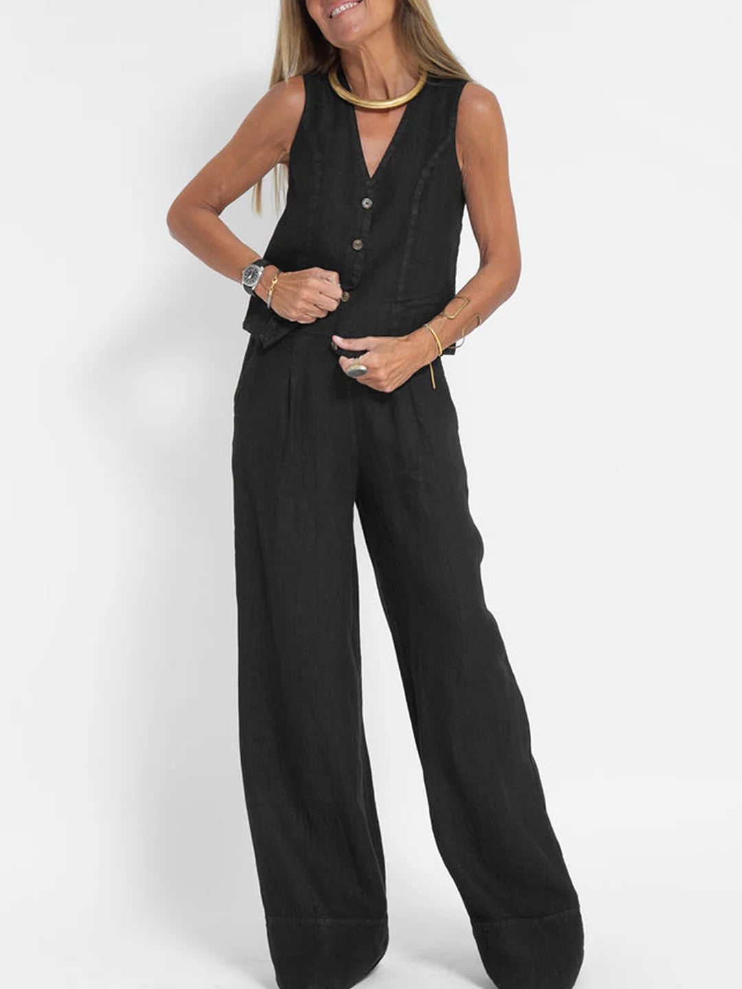 Sylis | Buttoned Vest & Wide-Leg Trousers Set