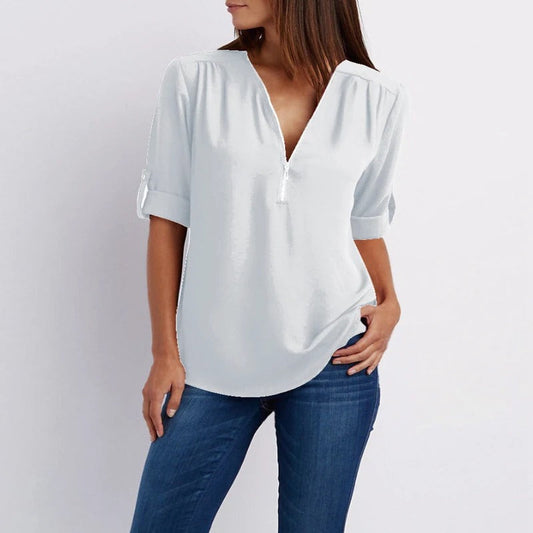 Sylis - Stylish Plus Size Loose V-Neck Chiffon Blouse