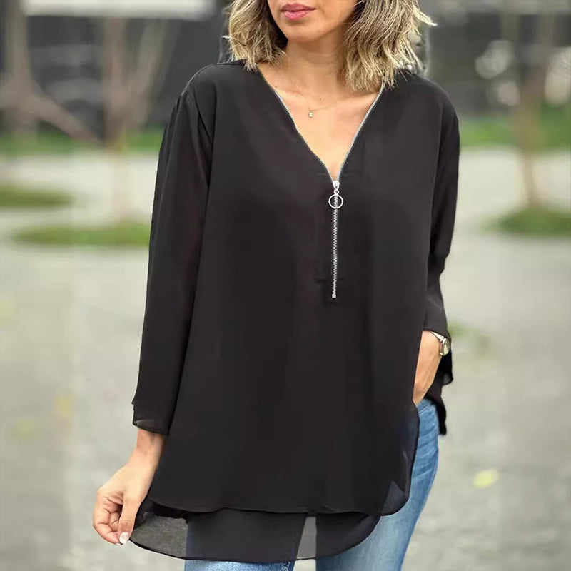 Sylis | V-Neck Flowy Zipped Top