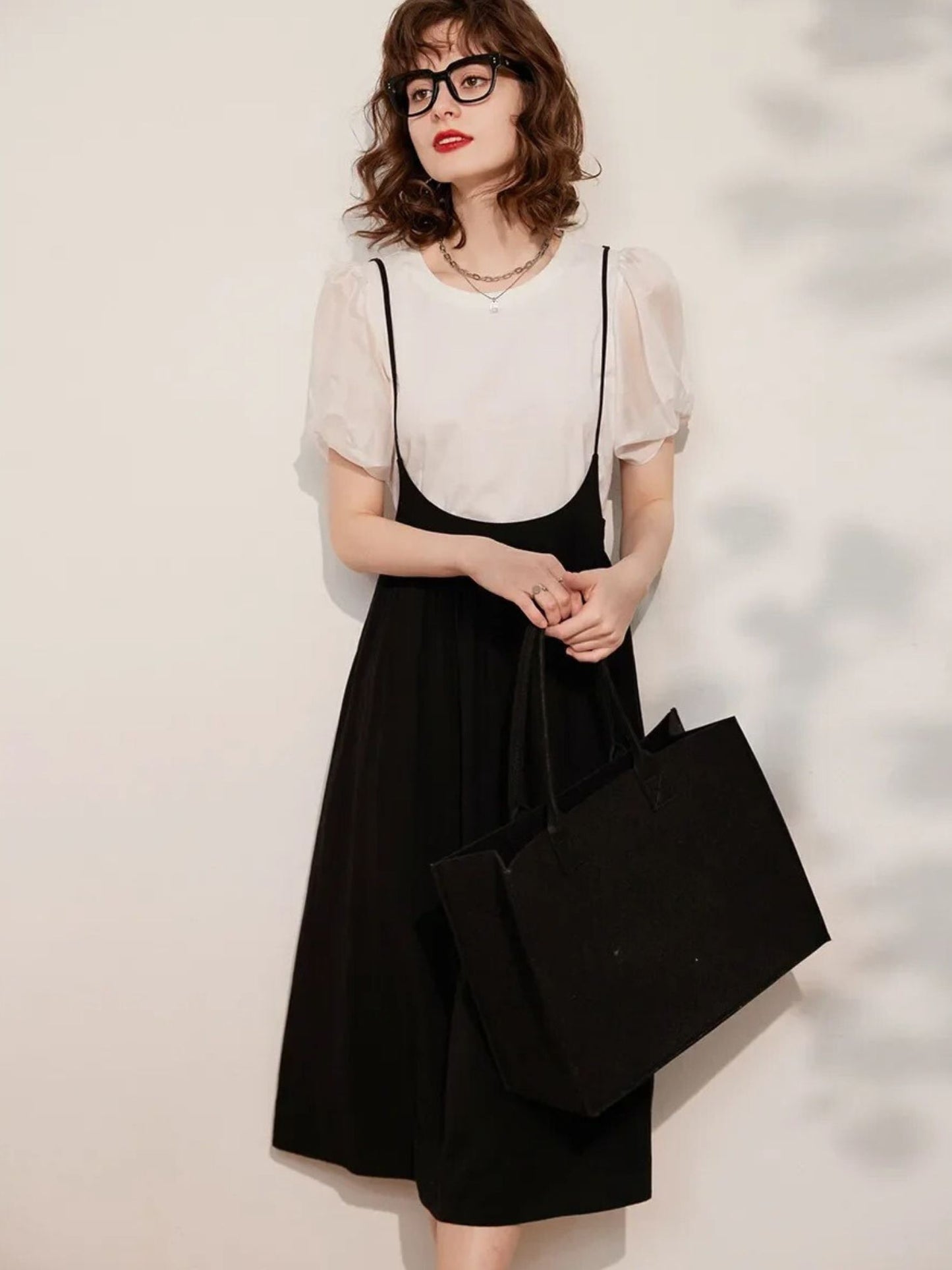 Suspender Dress Set with Puff Sleeve Blouse