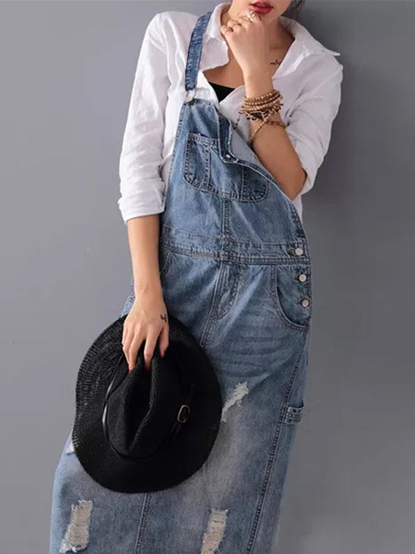 Sylis - Denim Dungaree Dress with Back Split