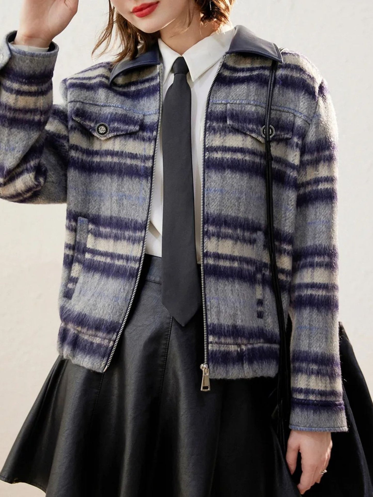 Striped Jacket with Zipper and Button Details