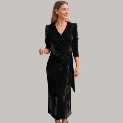 Sylis midi long wrap type velvet dress with puffed sleeves