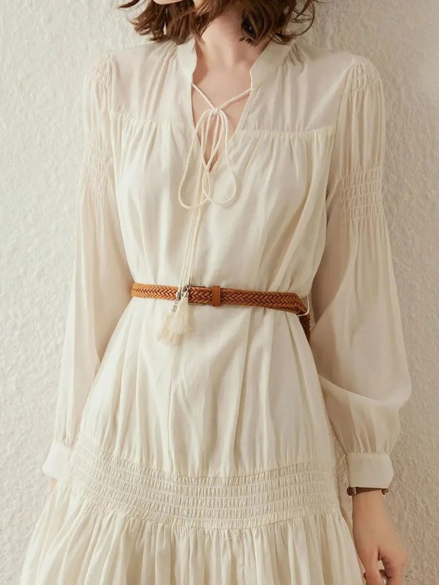 Boho V-Neck Mini Dress with Brown Belt