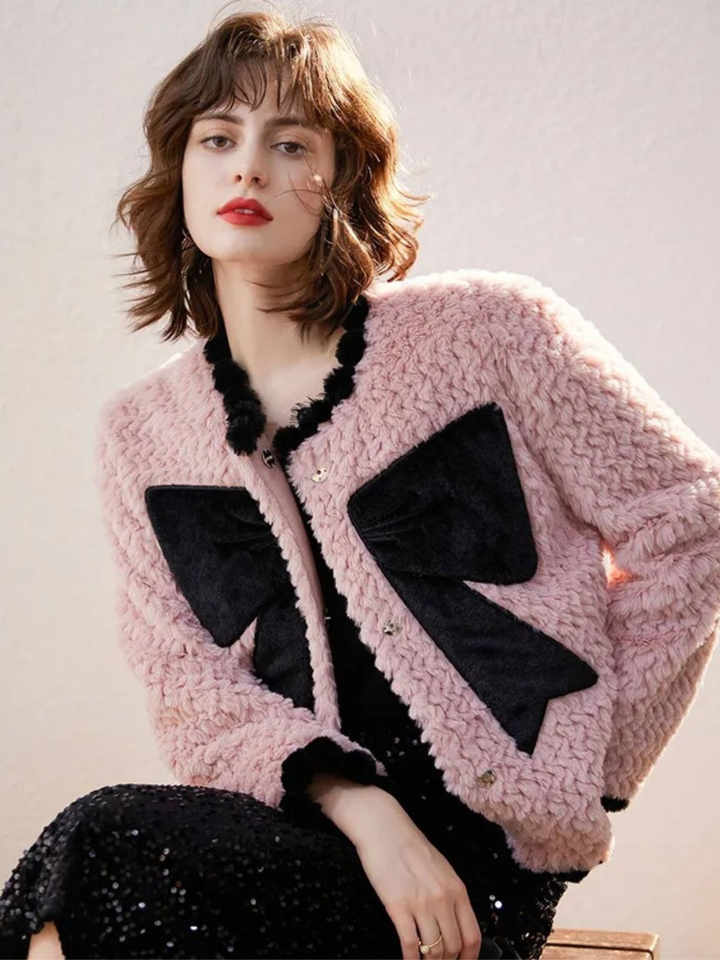 Faux Fur Jacket with Velvet Bow Design