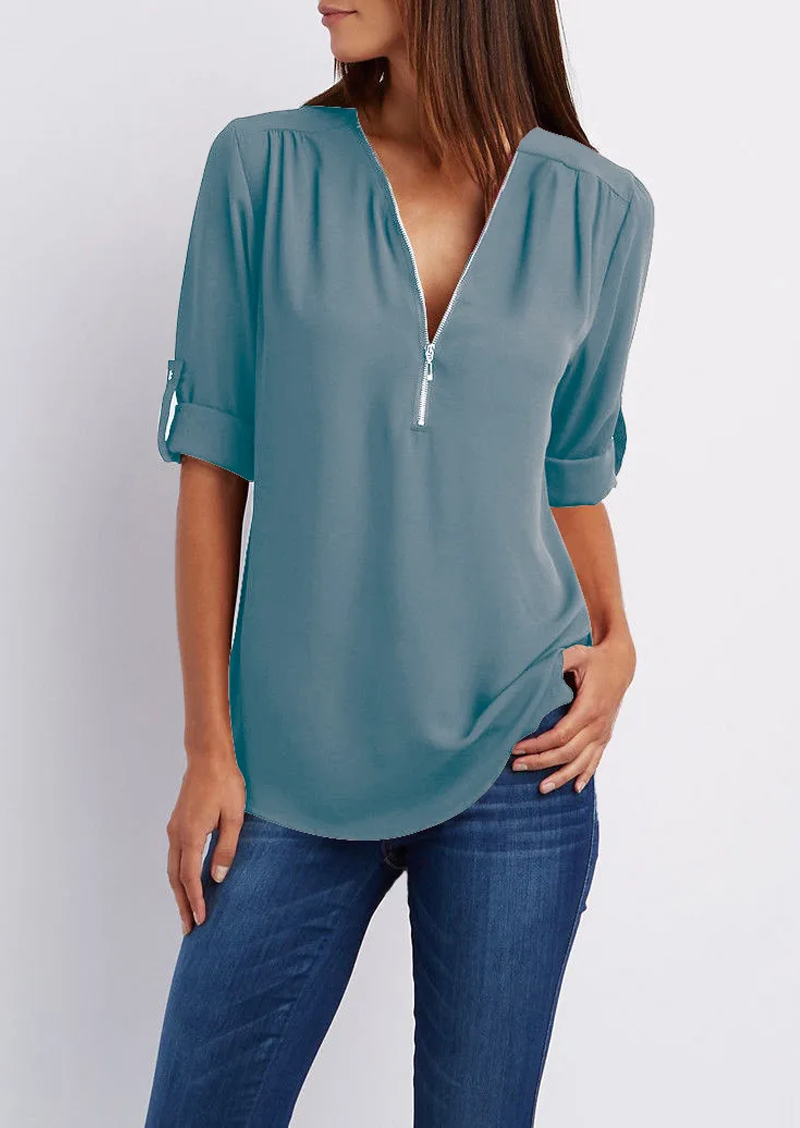 Sylis | Chic Zipped V-Neck Blouse