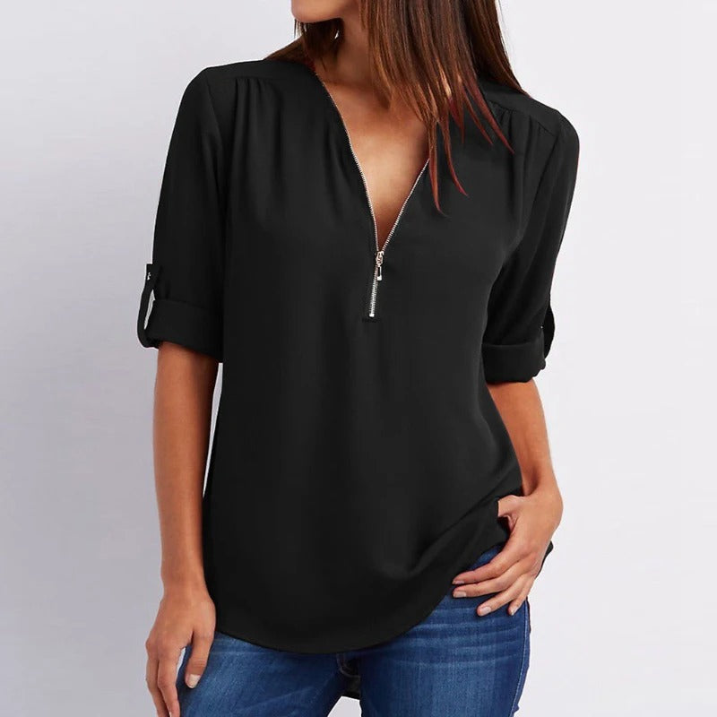 Sylis - Stylish Plus Size Loose V-Neck Chiffon Blouse