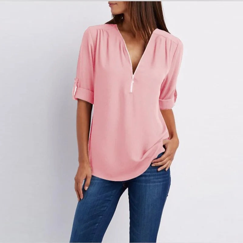 Sylis - Stylish Plus Size Loose V-Neck Chiffon Blouse