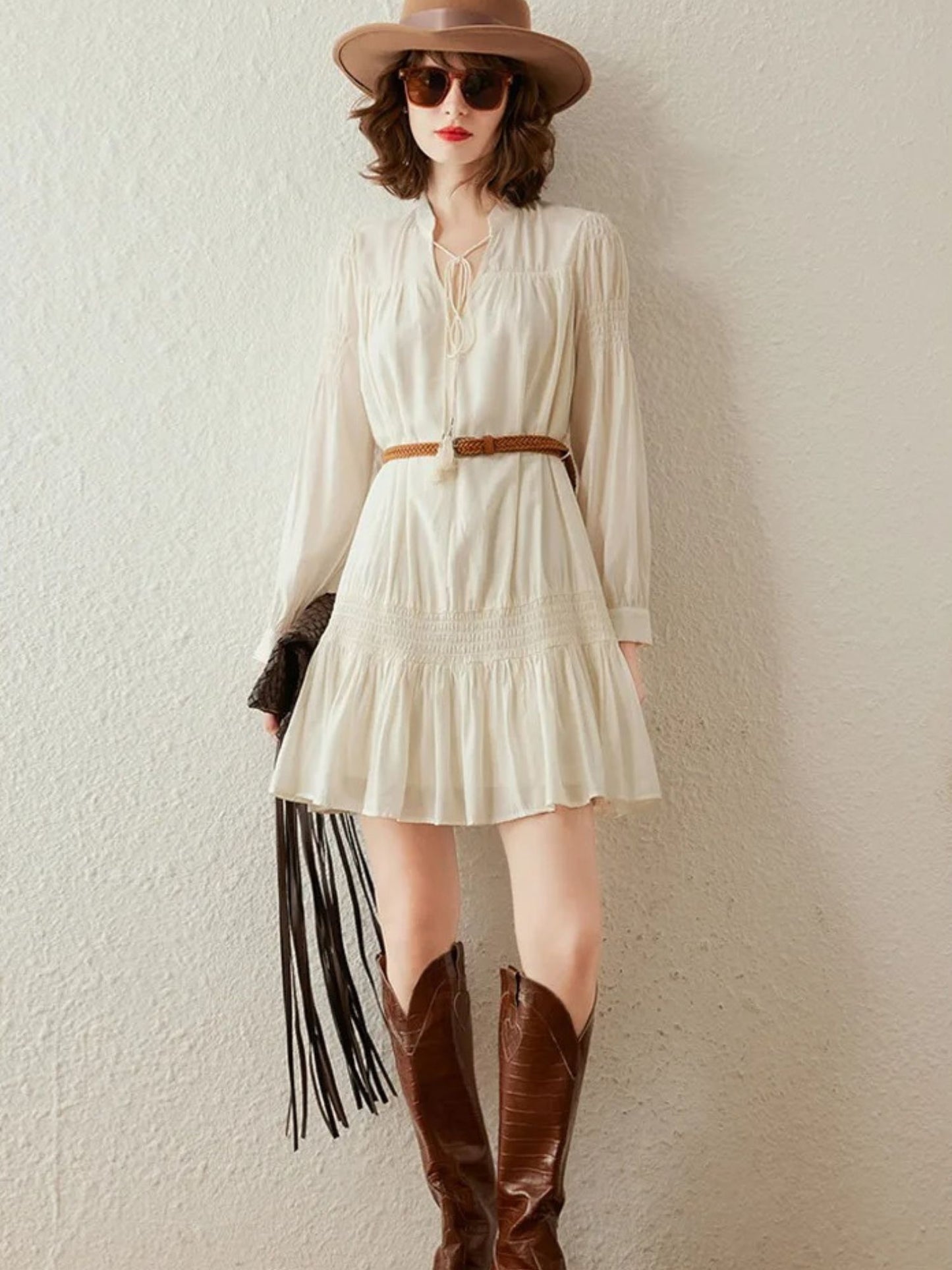 Boho V-Neck Mini Dress with Brown Belt