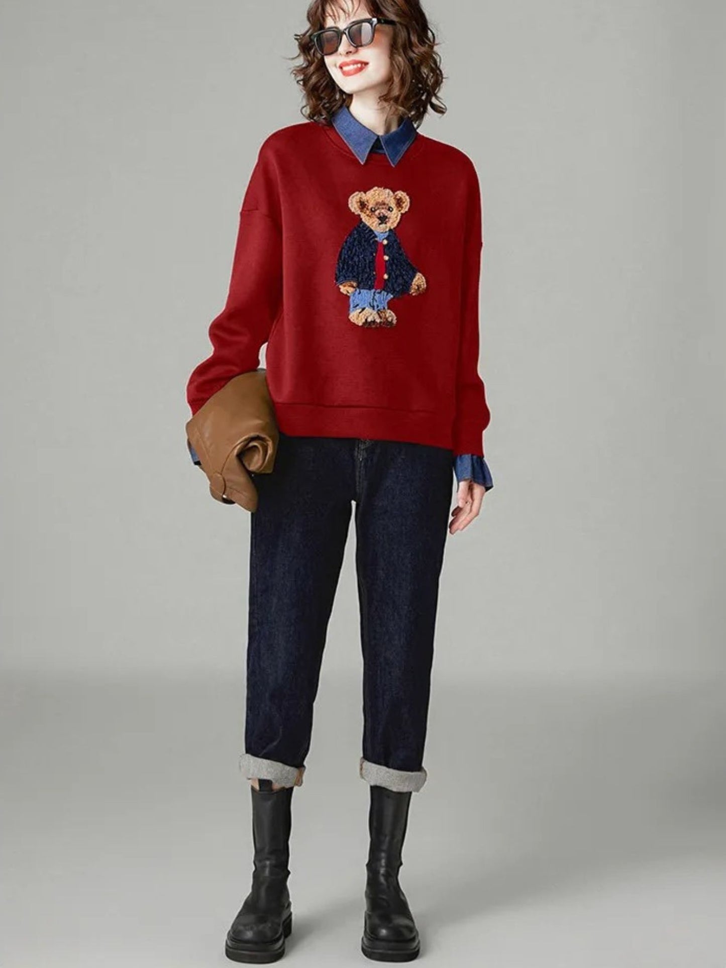 Teddy Bear Embroidered Jumper with Denim Collar