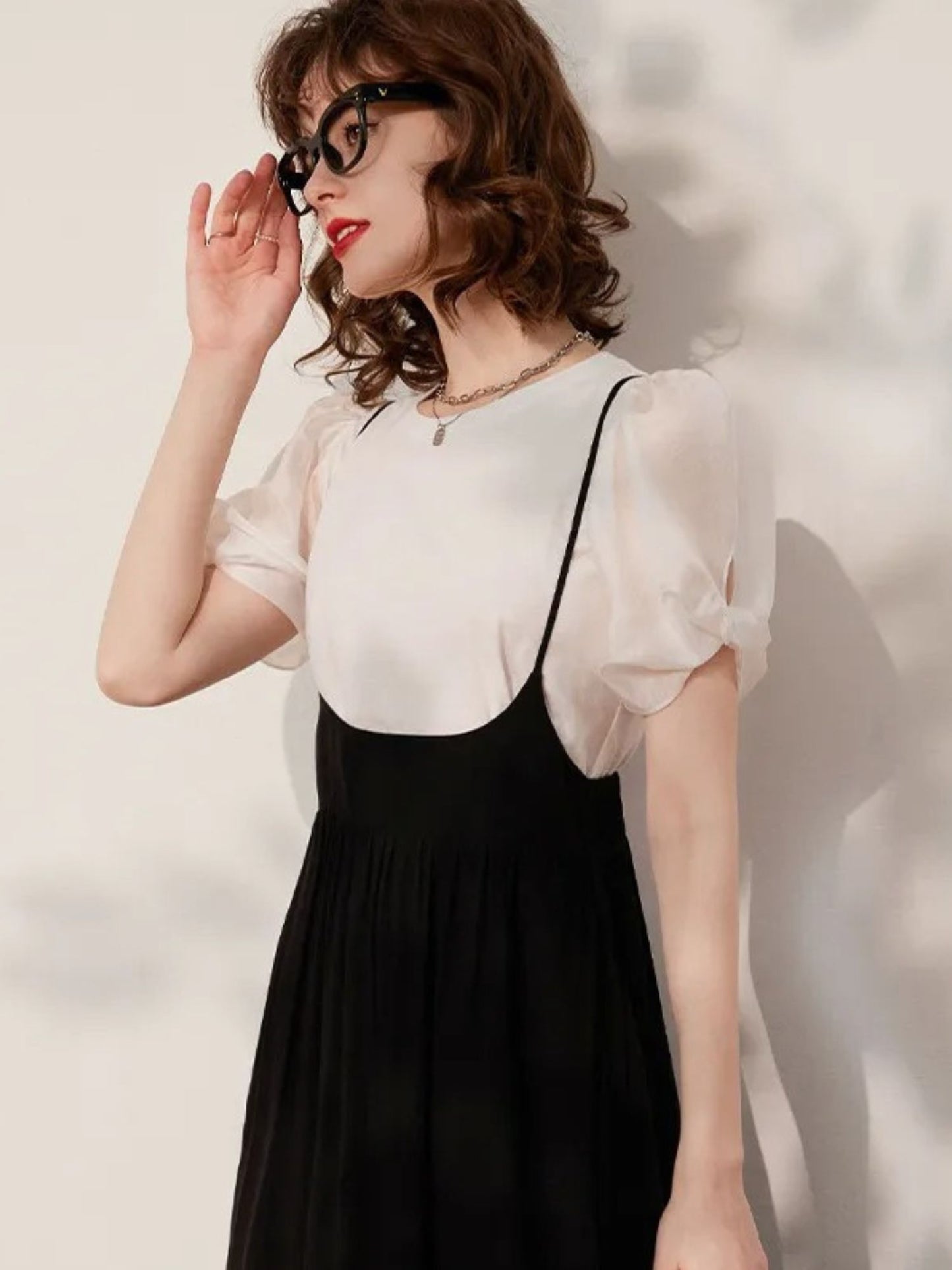 Suspender Dress Set with Puff Sleeve Blouse