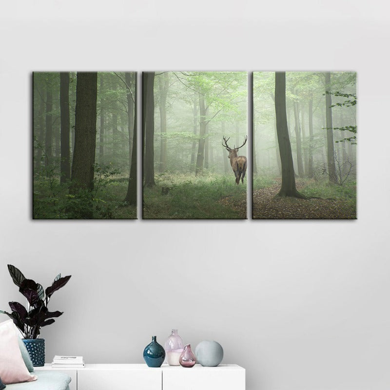 Misty Mystical Deer In The Woods-Canvas Wall Art Painting 3 Pieces