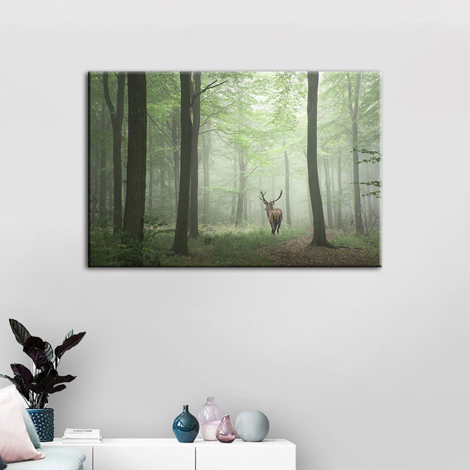 Misty Mystical Deer In The Woods - Canvas Wall Art Painting