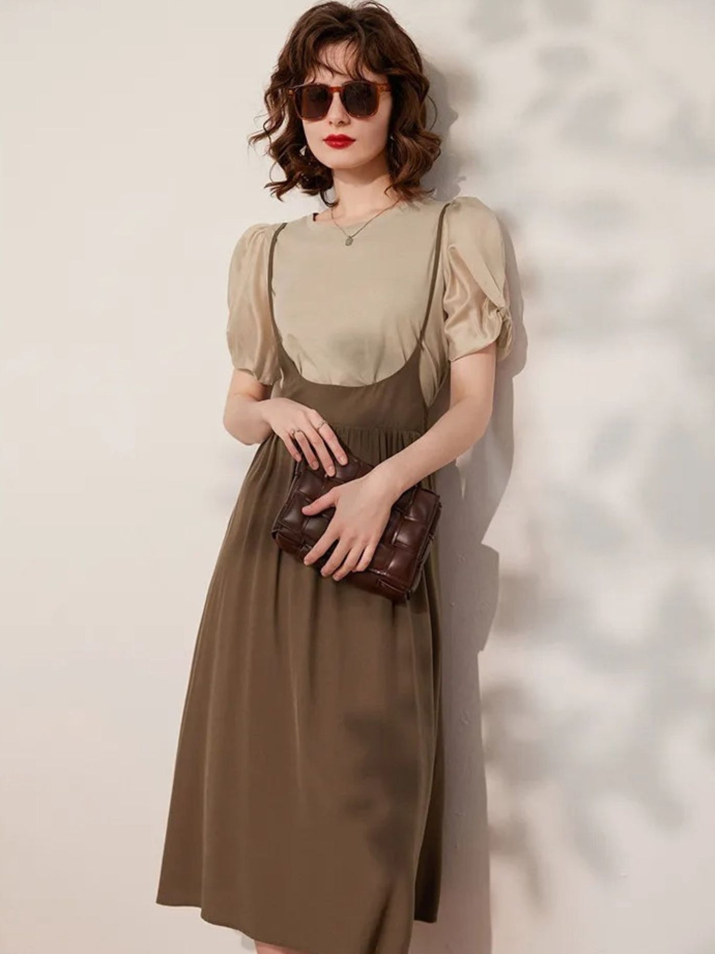 Suspender Dress Set with Puff Sleeve Blouse