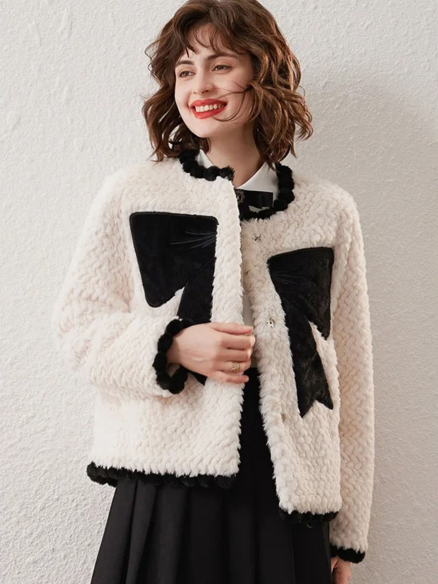 Faux Fur Jacket with Velvet Bow Design