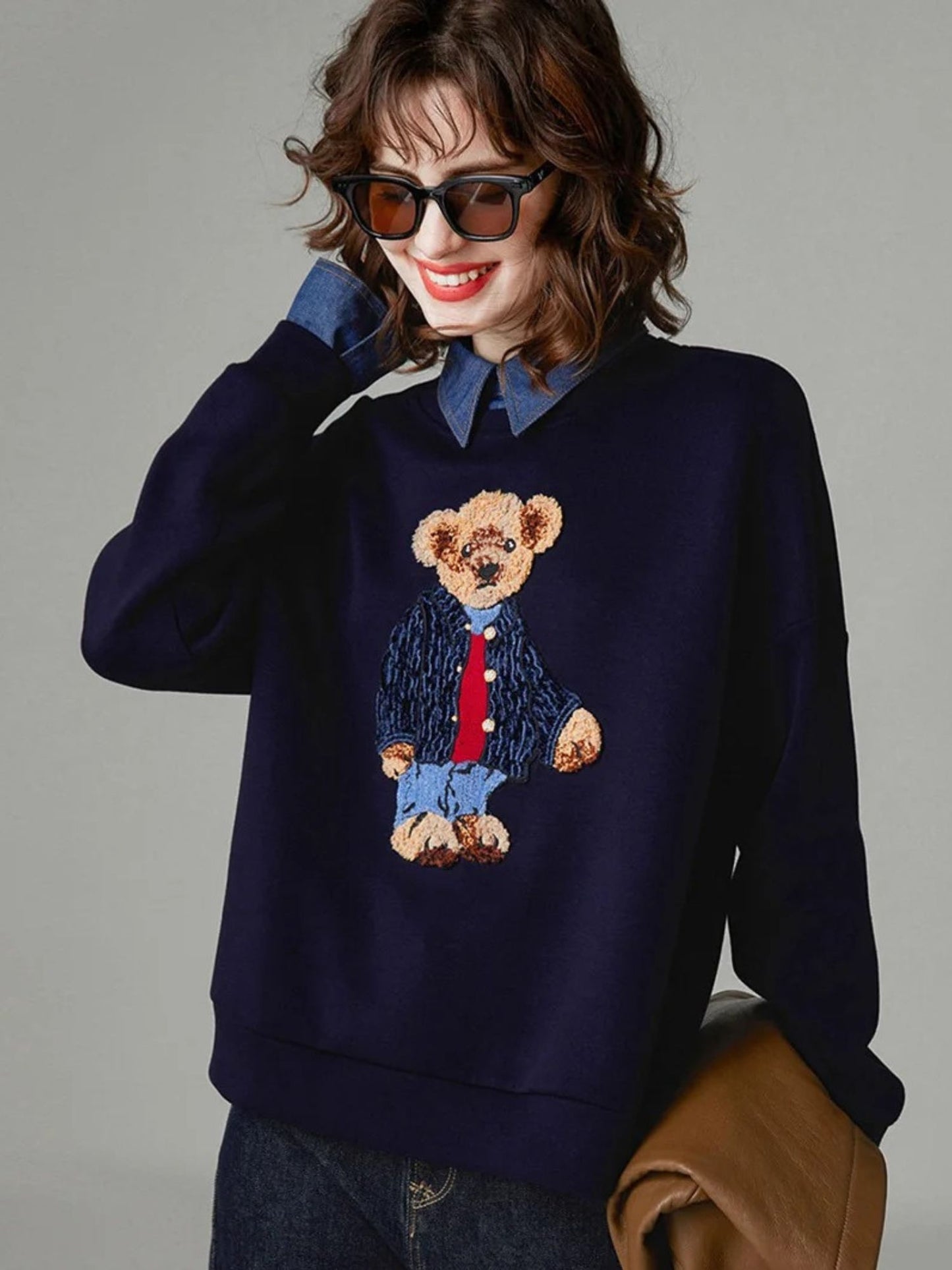 Teddy Bear Embroidered Jumper with Denim Collar