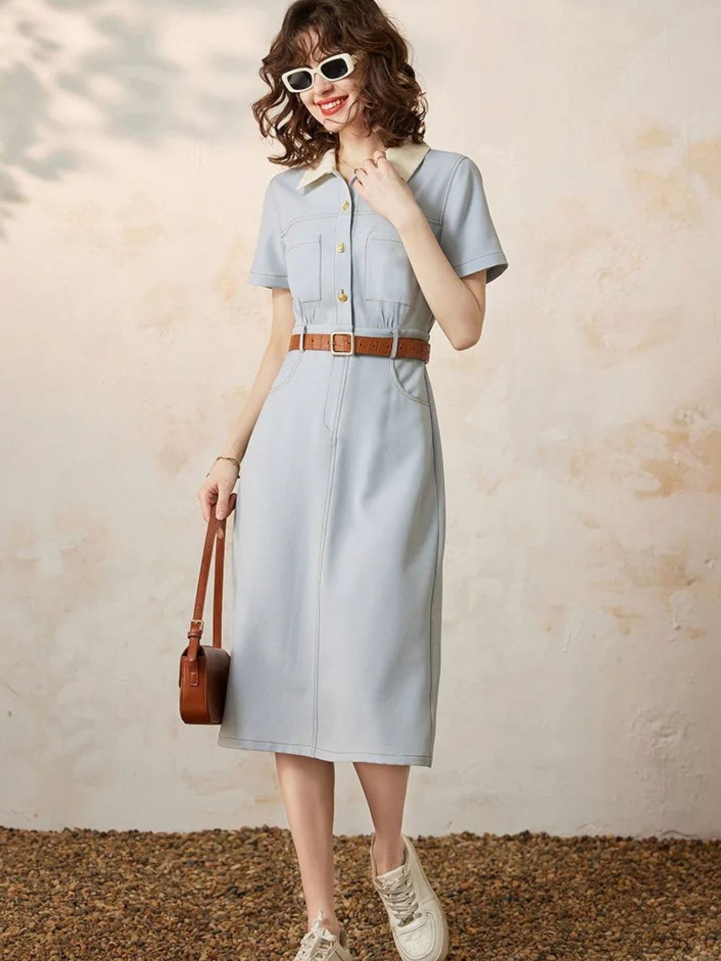 A-Line Shirt Dress with Turn-Down Collar