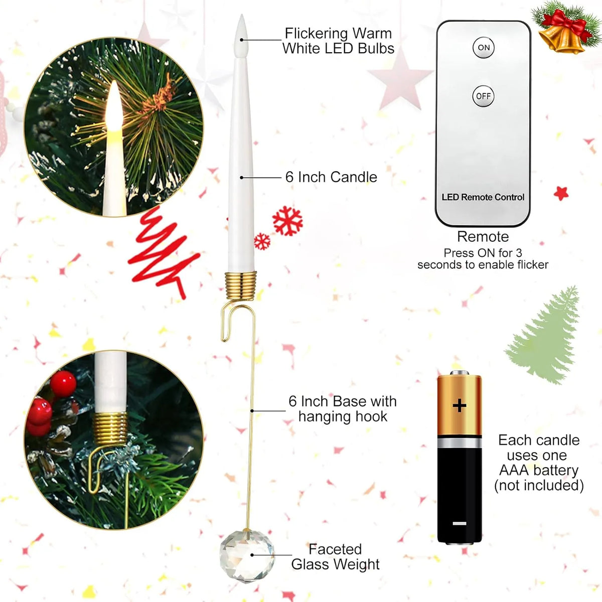 Christmas Tree LED Candle Set | 12 Pieces with Remote Control & Timer | Warm White Flicker | Flameless & Safe