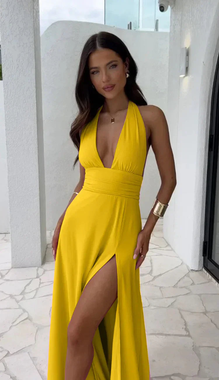 Sylis | Sexy Deep V-Neck Split Solid Color Dress