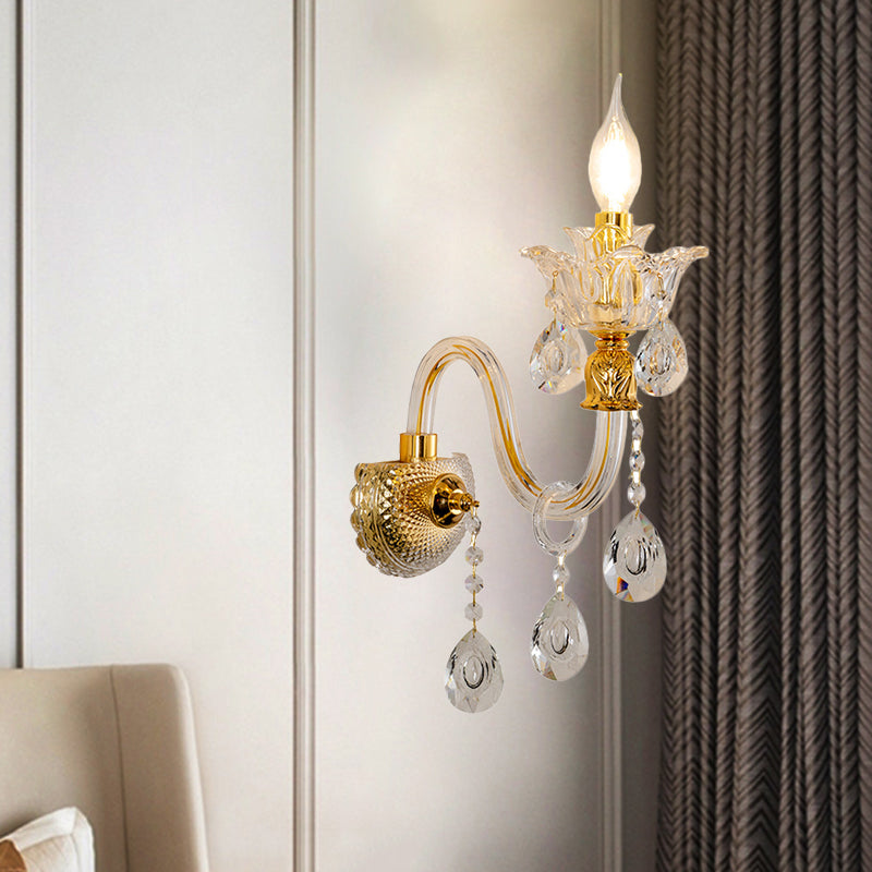 1/2-Bulb Clear Glass Coated Wall Light Vintage Gold Candle Style Lounge Wall Light with Curved Arm
