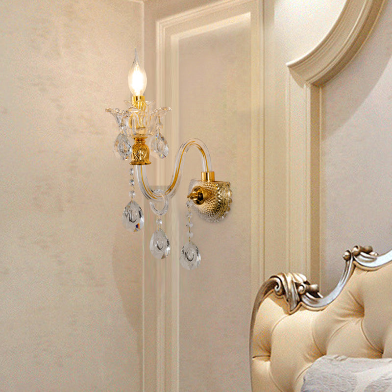 1/2-Bulb Clear Glass Coated Wall Light Vintage Gold Candle Style Lounge Wall Light with Curved Arm