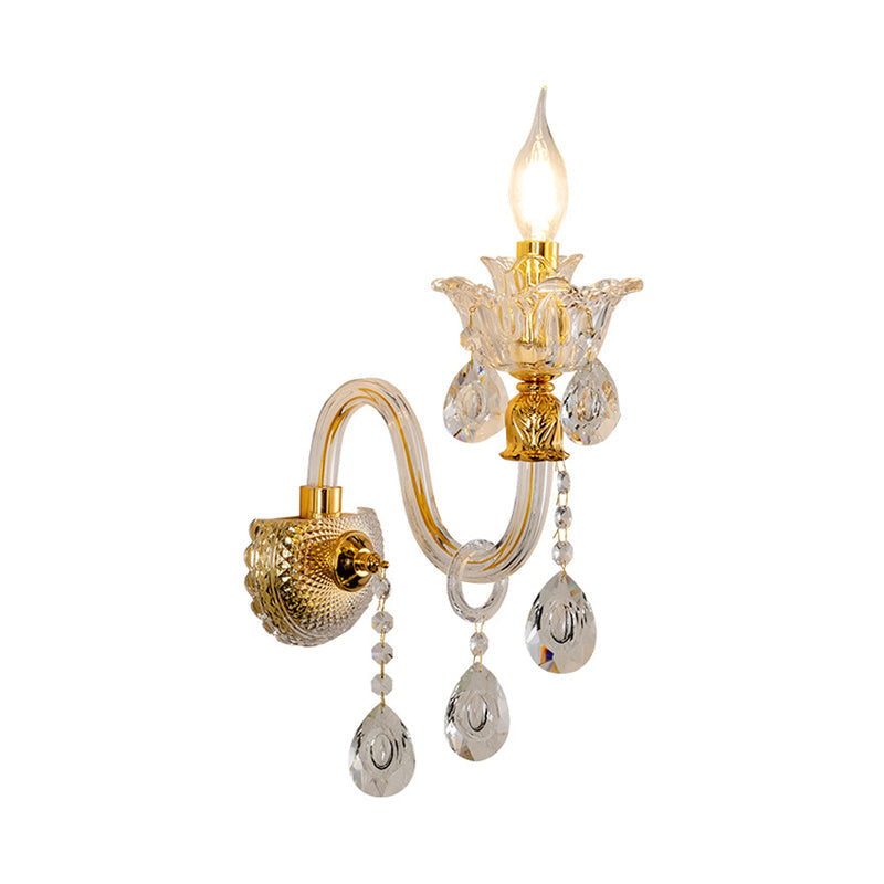 1/2-Bulb Clear Glass Coated Wall Light Vintage Gold Candle Style Lounge Wall Light with Curved Arm
