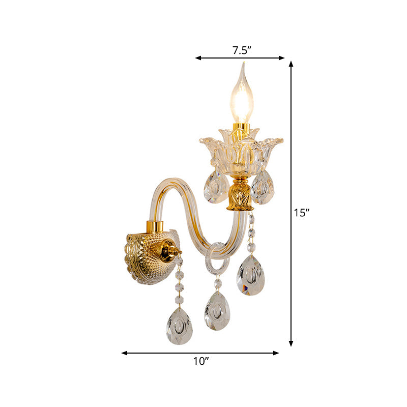 1/2-Bulb Clear Glass Coated Wall Light Vintage Gold Candle Style Lounge Wall Light with Curved Arm