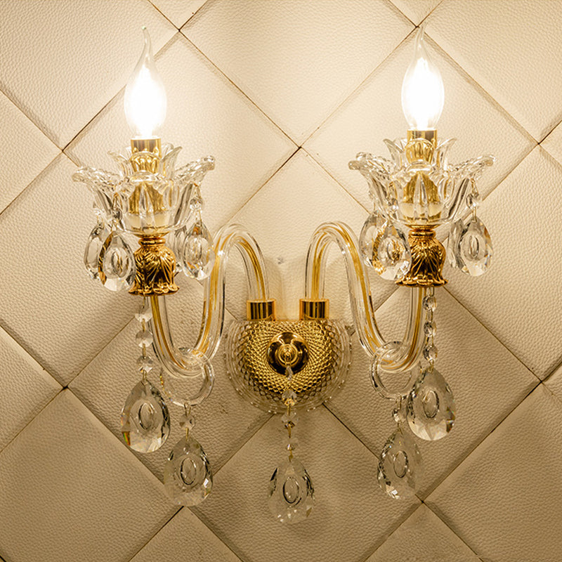 1/2-Bulb Clear Glass Coated Wall Light Vintage Gold Candle Style Lounge Wall Light with Curved Arm