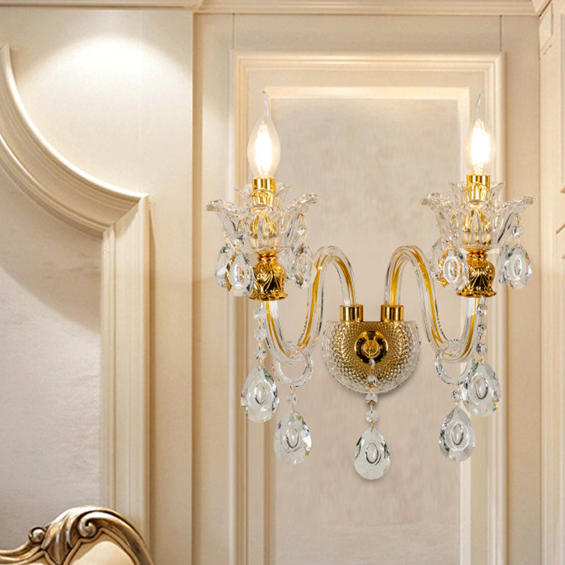 1/2-Bulb Clear Glass Coated Wall Light Vintage Gold Candle Style Lounge Wall Light with Curved Arm