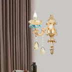 Antiqued Candle Holder Wall Mount Lamp 1/2-Light K9 Crystal Wall Sconce with Ceramic Plastic in Gold