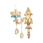 Antiqued Candle Holder Wall Mount Lamp 1/2-Light K9 Crystal Wall Sconce with Ceramic Plastic in Gold