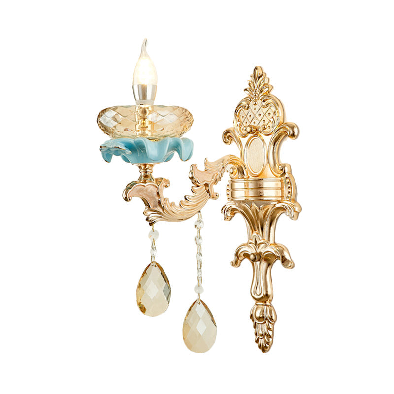 Antiqued Candle Holder Wall Mount Lamp 1/2-Light K9 Crystal Wall Sconce with Ceramic Plastic in Gold