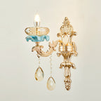Antiqued Candle Holder Wall Mount Lamp 1/2-Light K9 Crystal Wall Sconce with Ceramic Plastic in Gold