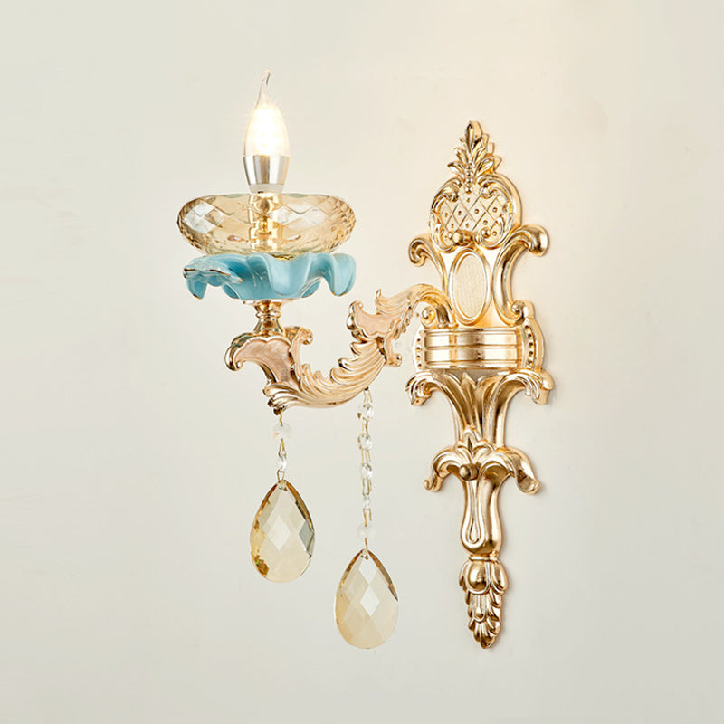 Antiqued Candle Holder Wall Mount Lamp 1/2-Light K9 Crystal Wall Sconce with Ceramic Plastic in Gold