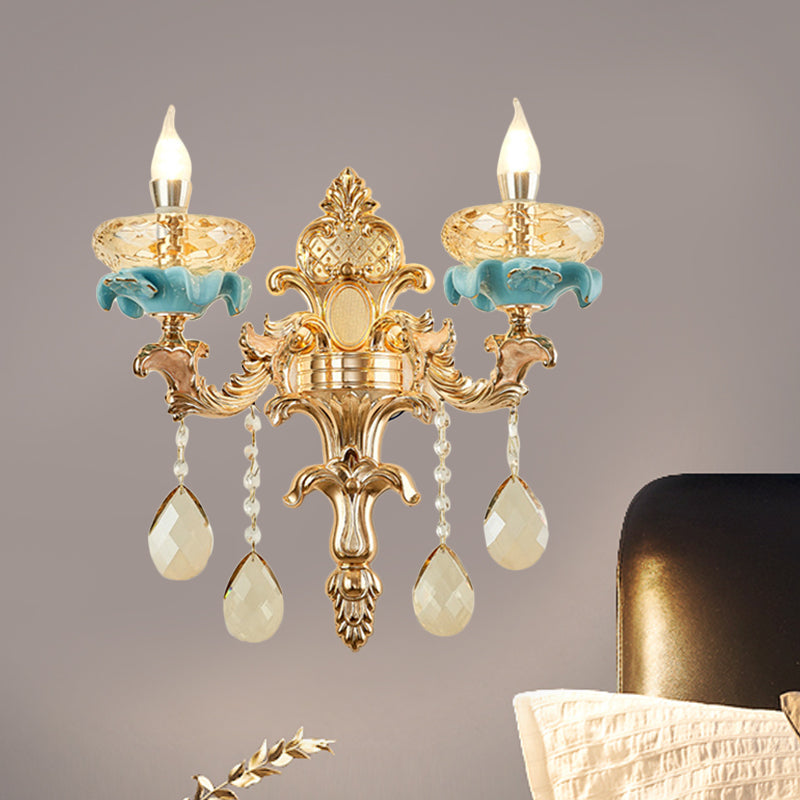 Antiqued Candle Holder Wall Mount Lamp 1/2-Light K9 Crystal Wall Sconce with Ceramic Plastic in Gold
