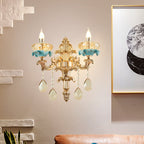 Antiqued Candle Holder Wall Mount Lamp 1/2-Light K9 Crystal Wall Sconce with Ceramic Plastic in Gold