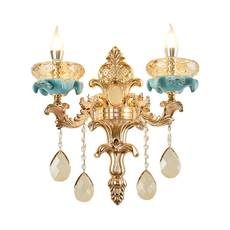 Antiqued Candle Holder Wall Mount Lamp 1/2-Light K9 Crystal Wall Sconce with Ceramic Plastic in Gold