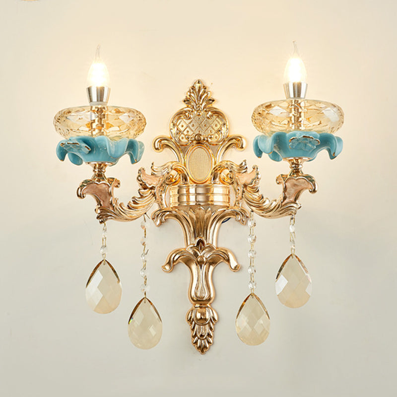 Antiqued Candle Holder Wall Mount Lamp 1/2-Light K9 Crystal Wall Sconce with Ceramic Plastic in Gold
