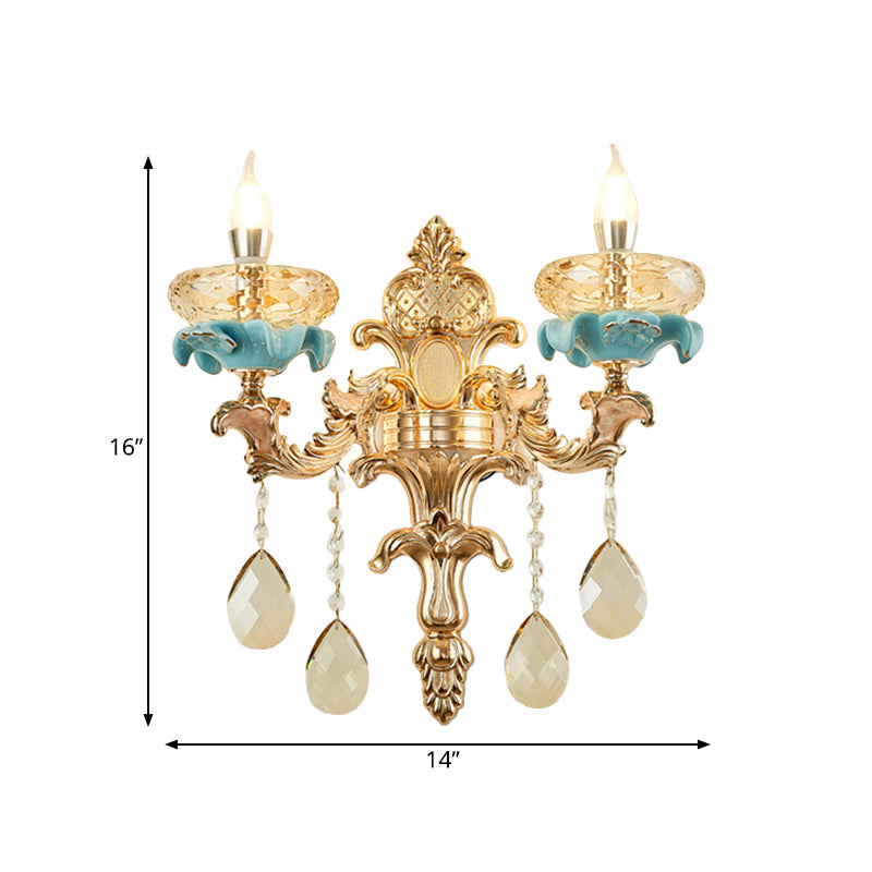 Antiqued Candle Holder Wall Mount Lamp 1/2-Light K9 Crystal Wall Sconce with Ceramic Plastic in Gold