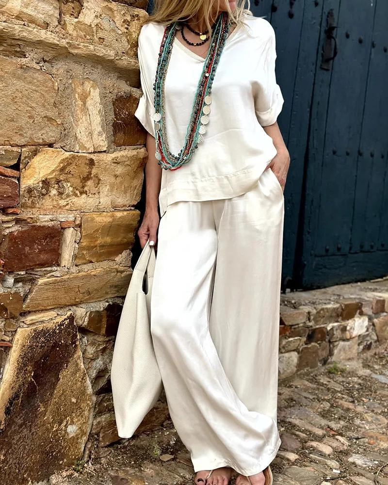 Sylis | Elegant White V neck Top & Wide leg Pants Set