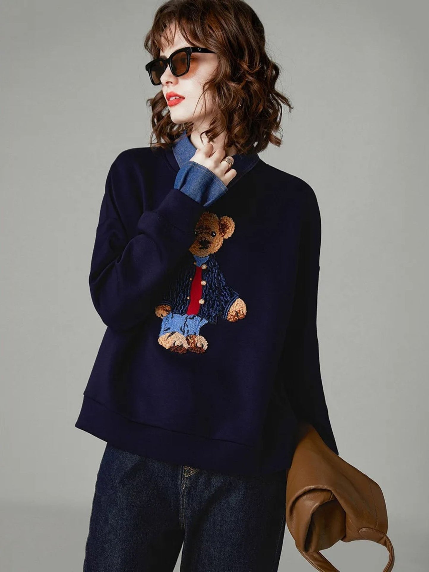 Teddy Bear Embroidered Jumper with Denim Collar