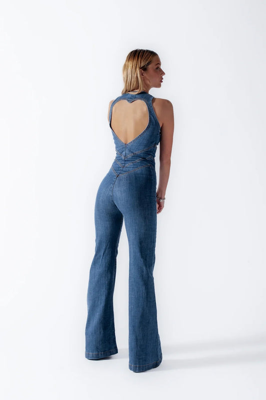 Sylis | Denim overalls for women, back cutout with heart-shaped neckline, sleeveless, fitted, jumpsuit