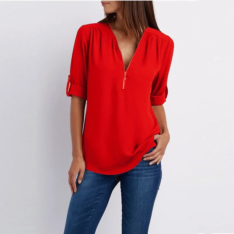 Sylis - Stylish Plus Size Loose V-Neck Chiffon Blouse