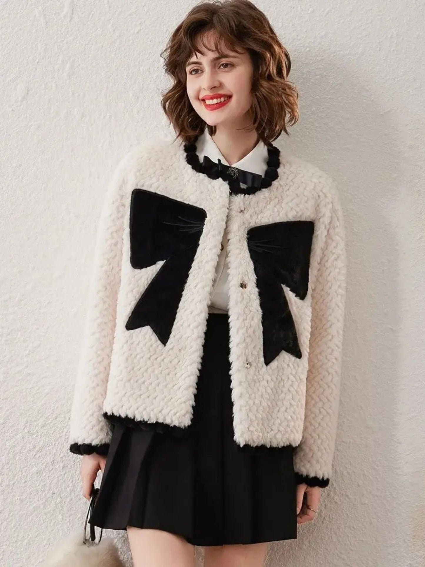 Faux Fur Jacket with Velvet Bow Design