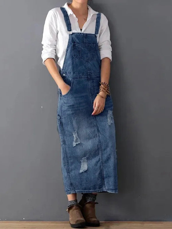 Sylis - Denim Dungaree Dress with Back Split