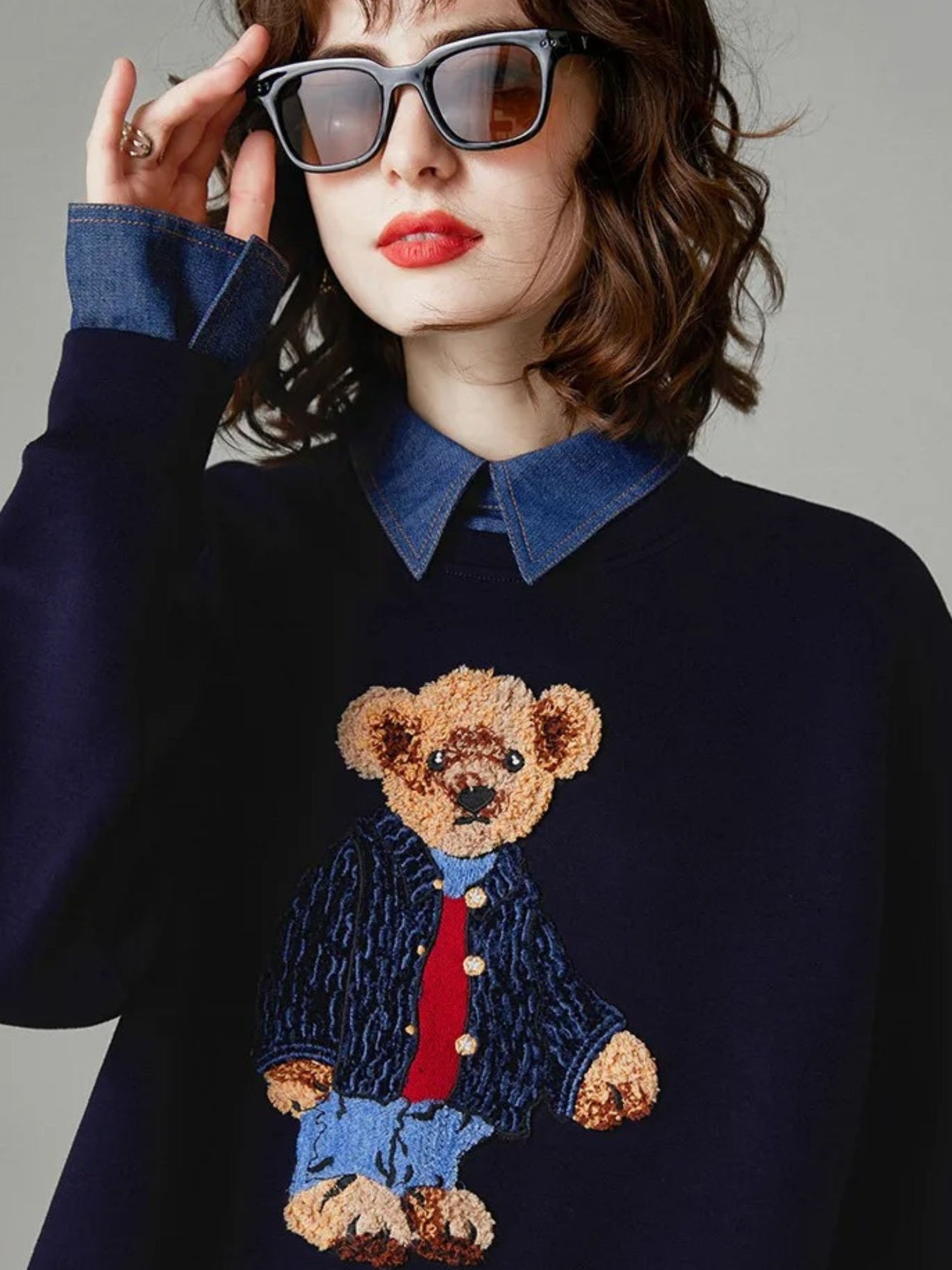 Teddy Bear Embroidered Jumper with Denim Collar