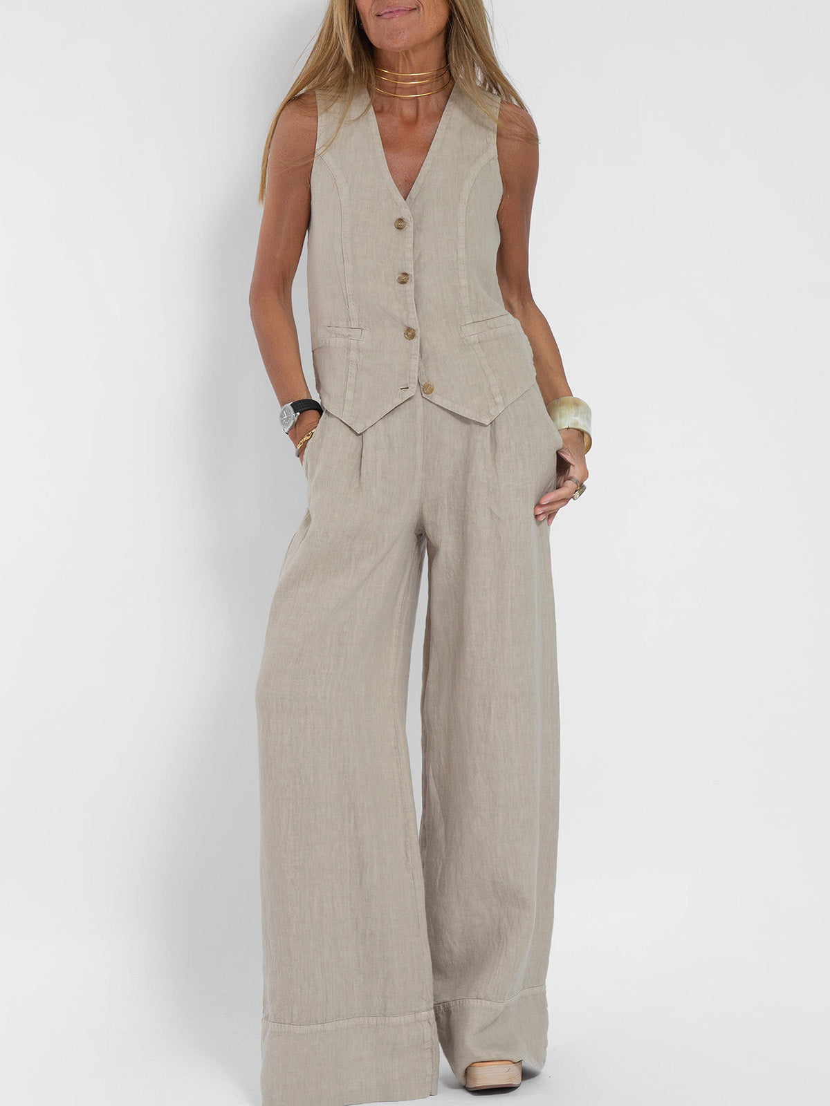 Sylis | Buttoned Vest & Wide-Leg Trousers Set