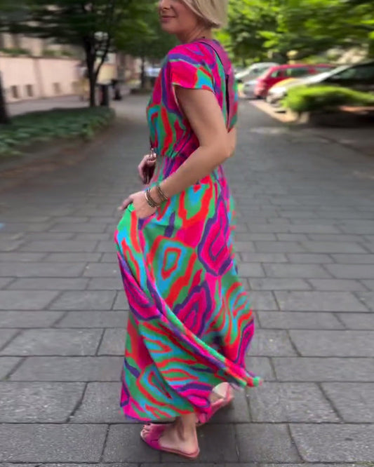 Sylis | Colorful Printed Long Dress with V-neck